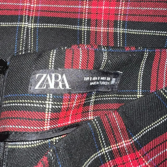 Zara, S,Academic red black plaid checkered mini skirt with off-center vent. - Picture 5 of 5